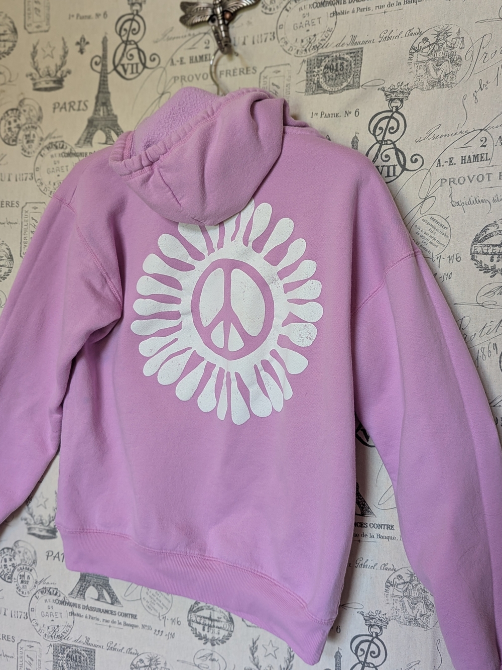 Billabong Women's Lavender Crewneck Hoodie with White Peace Flower - Size Medium